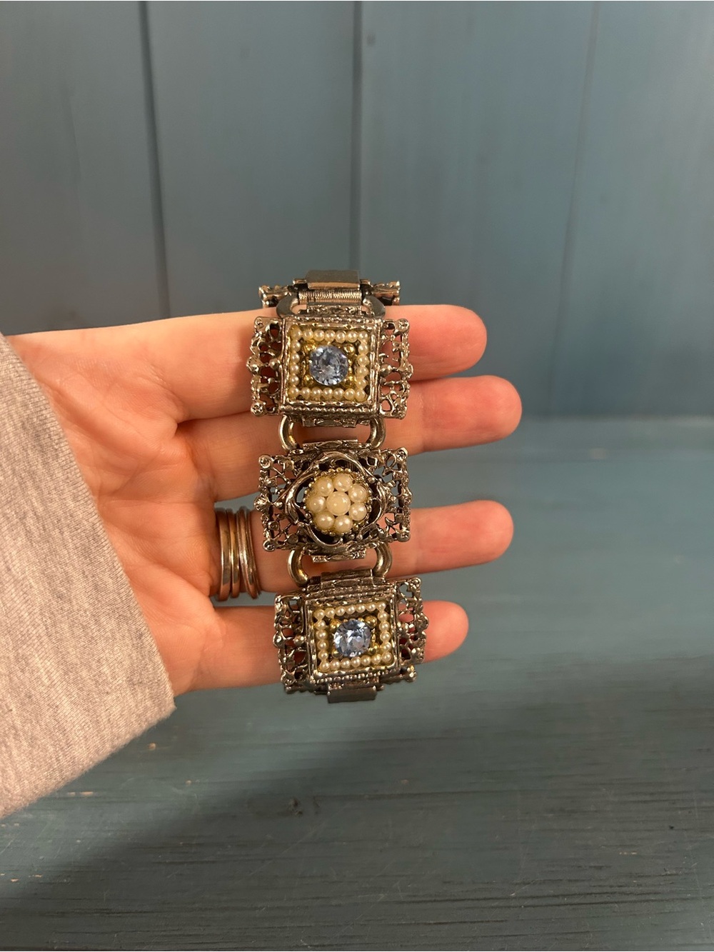 Vintage-Inspired Silver Bracelet with Pearls and Blue Crystals | Costume Jewelry